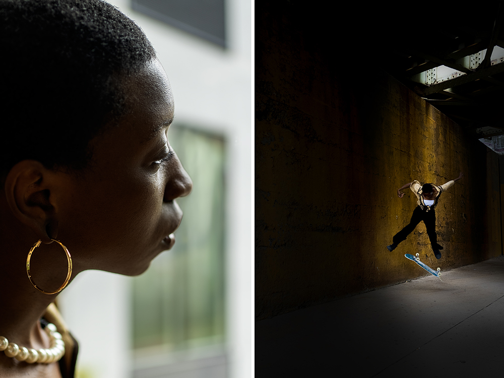 Close profile portrait of Black woman with medium-dark skin tone with gold hoop earrings and beaded necklace, paired with a skateboarder mid-trick against a golden-lit concrete wall.