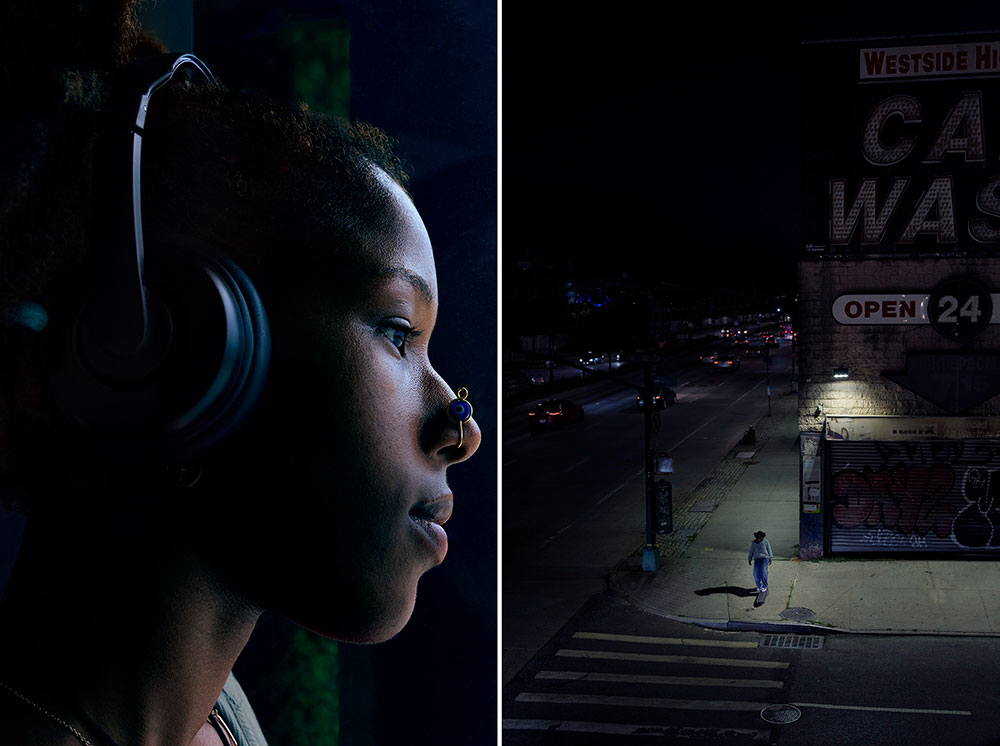 Side profile of a Black woman with medium-dark skin tone wearing black headphones gazing out a dark window, paired with the same woman skateboarding in long-sleeves and jeans on a sidewalk alone at night beneath a streetlight and a car wash sign on a New York City street.