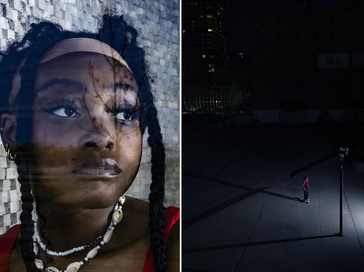 Portrait of a young woman with box braids and shell necklace, a tree branch reflected across her face, paired with a lone skateboarder standing under a streetlight on a vast dark rooftop