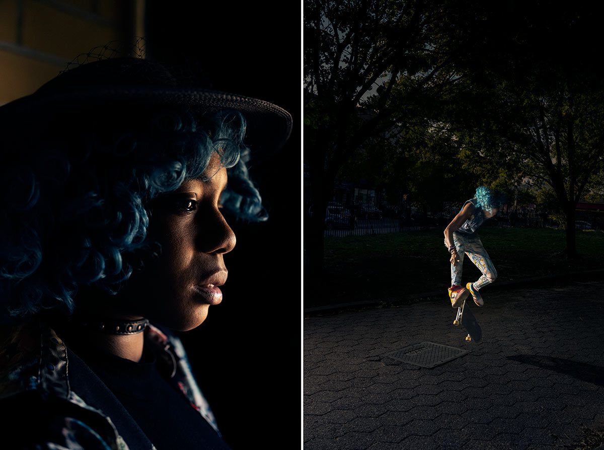 Portrait of a young Black woman in profile with turquoise blue curly-haired wig and a brimmed hat , paired with the same woman in a short-sleeved top and light pants doing a skate board trick on a dark path in a city park