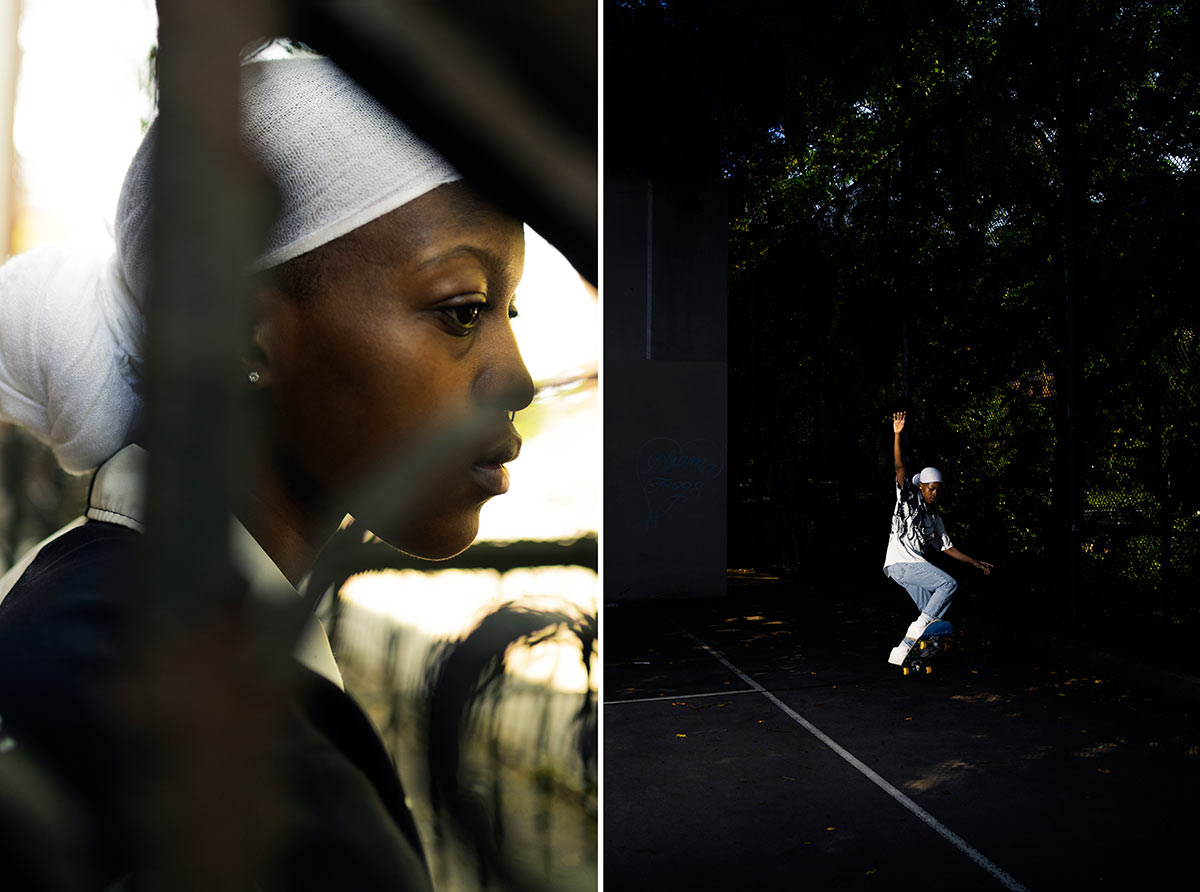 Close profile of a Black woman with medium skin tone in a white headwrap seen through a decorative iron stair rail, paired with the same woman skateboarding with one arm raised on a sunlit court.