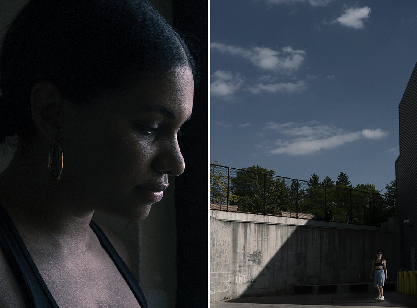 Portrait of a young medium-dark skinned Black woman in gold hoops and a black cropped tank top looking through a window, paired with the same woman in the same top skateboarding with jean shorts on a concrete parking area beneath a city park
