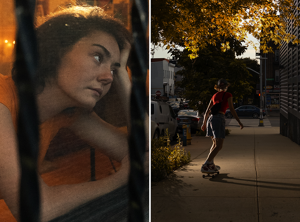 Portrait of a white woman with light skin tone and chin-length brown hair looking through a screen window at night in warm light, paired with the same woman skateboarding on a sidewalk in a red top at golden hour