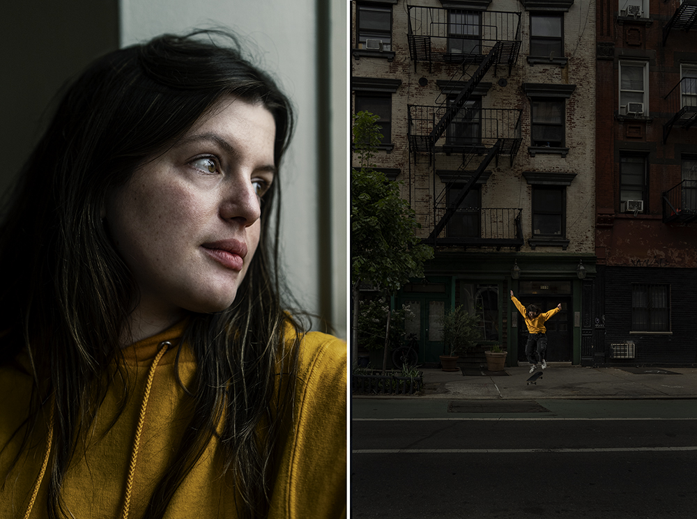 Portrait of a light-skinned white woman with long dark hair in a yellow hoodie looking out a window, paired with the same woman jumping off a skateboard with arms raised on a New York City street