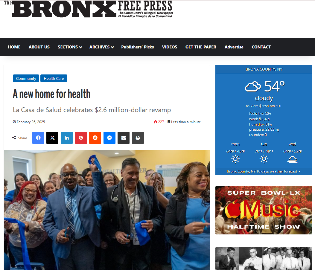 Screenshot of Bronx Free Press article: A New Home for Health