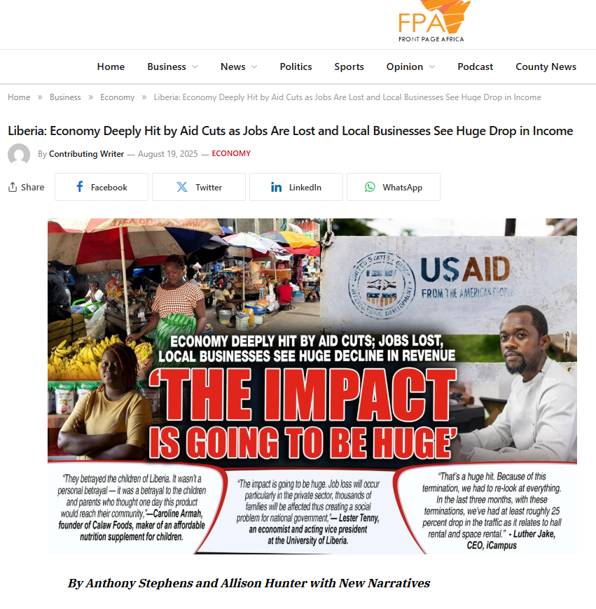 Screenshot of Front Page Africa article: Liberia Economy Deeply Hit by Aid Cuts