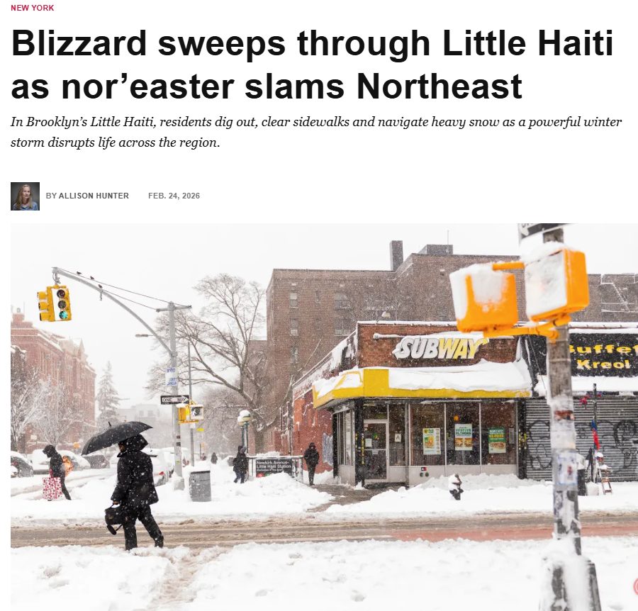 Screenshot of Haitian Times article: Blizzard sweeps through Little Haiti as nor'easter slams Northeast