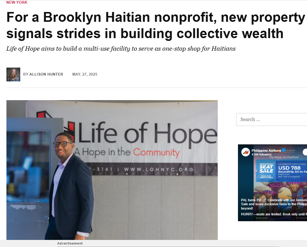 Screenshot of Haitian Times article: Brooklyn Community Building: Life of Hope