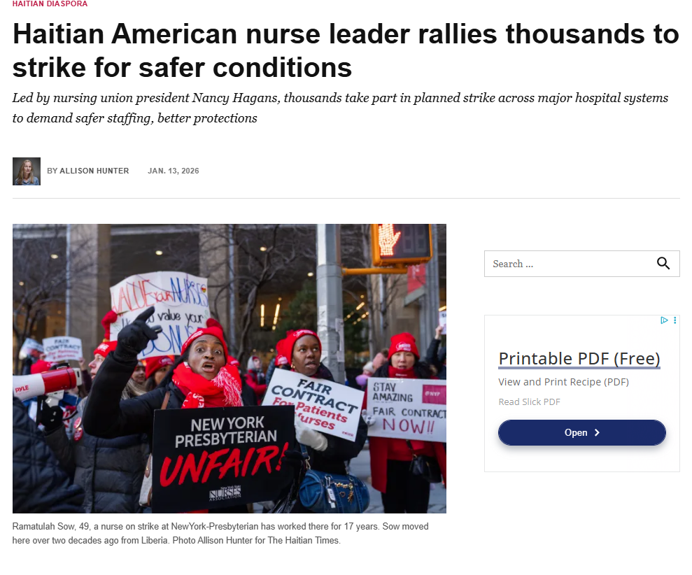 Screenshot of Haitian Times article: Haitian American nurse leader rallies thousands to strike for safer conditions