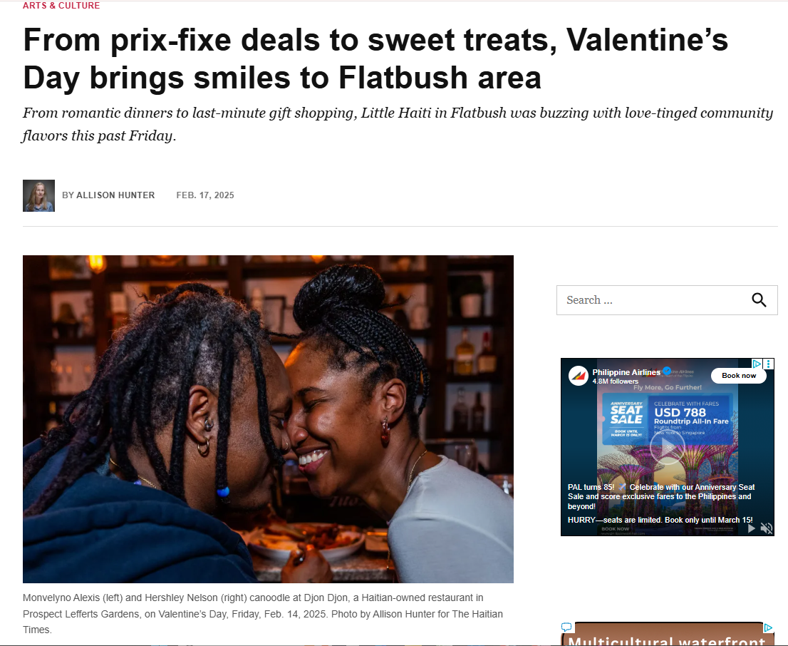 Screenshot of Haitian Times article: From prix-fixe deals to sweet treats, Valentine's Day brings smiles to Flatbush area