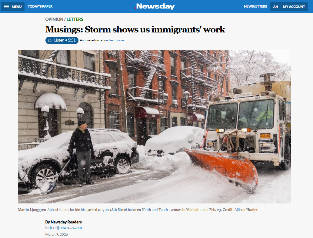 A man shovels snow beside a parked car on a snow-covered Manhattan street as a city plow with an orange blade clears the road during a February blizzard.